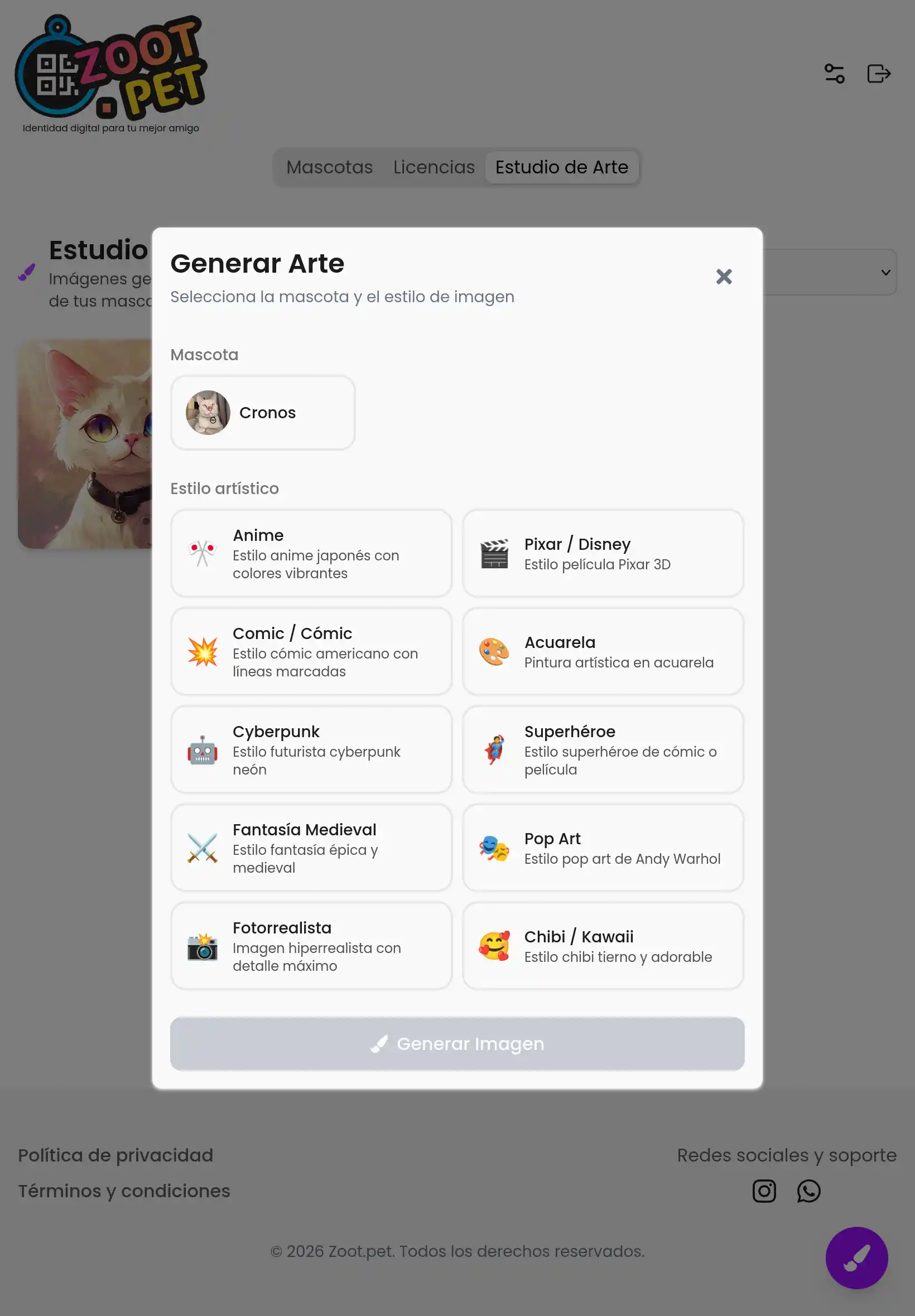 Estudio de arte con IA - Genera imágenes de tu mascota en diferentes estilos artísticos